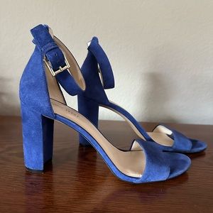 Nine West Nora Block Heel Women Strappy Sandals Size 9 M Blue Suede